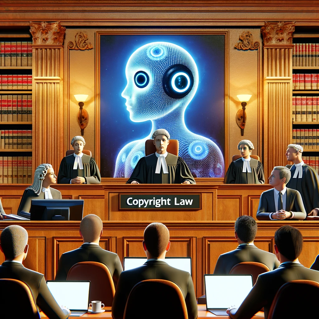 DALL·E 2023-12-29 12.27.55 - A courtroom with lawyers presenting a case involving AI and copyright law, representing the lawsuit of The New York Times against OpenAI and Microsoft.png