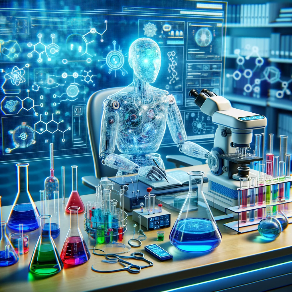 DALL·E 2023-12-29 12.27.57 - A laboratory scene with an AI system automating complex chemical reactions, representing Carnegie Mellon University's Coscientist AI.png