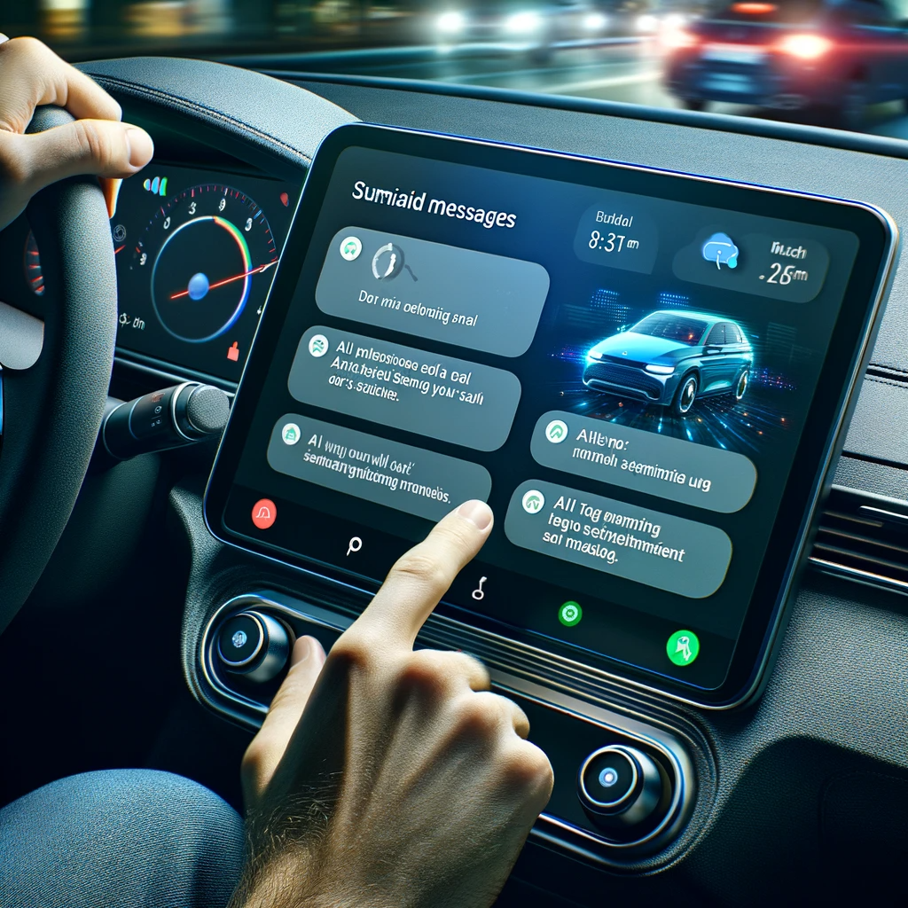 DALL·E 2023-12-29 12.28.00 - A driver in a car interacting with Android Auto's interface, which is displaying summarized messages through AI technology.png