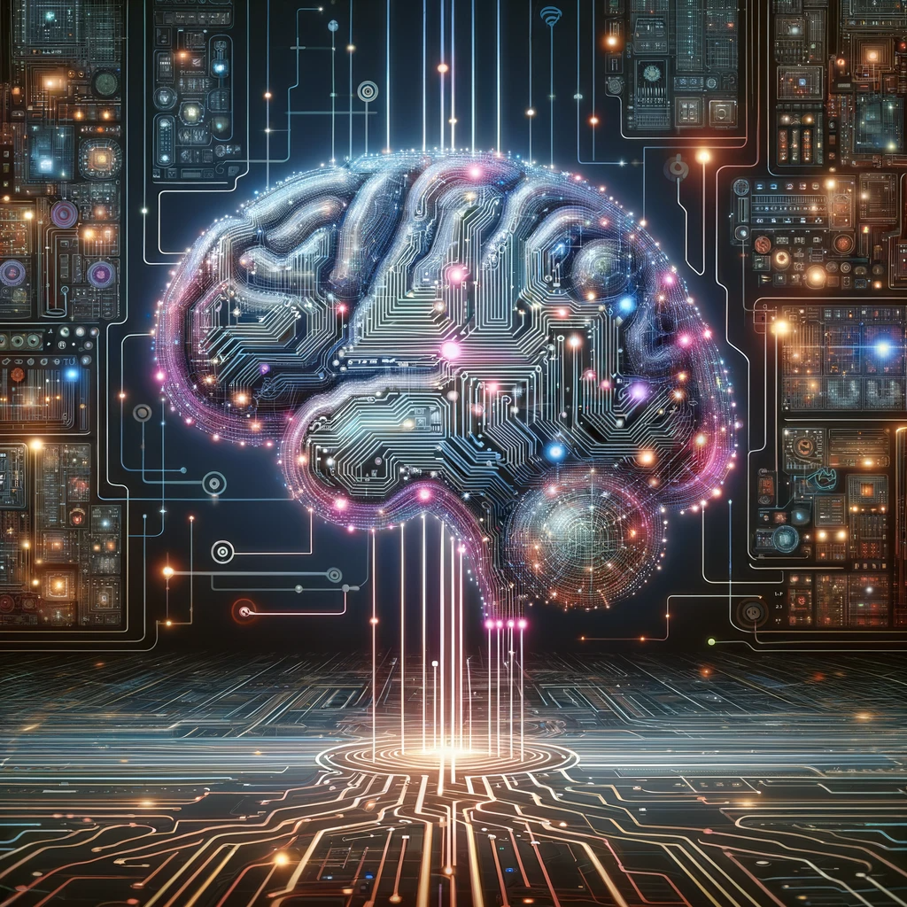 DALL·E 2023-12-24 18.38.39 - Conceptual illustration of AI large models, showcasing a digital brain with complex interconnected circuits and data streams, representing advanced ar.png