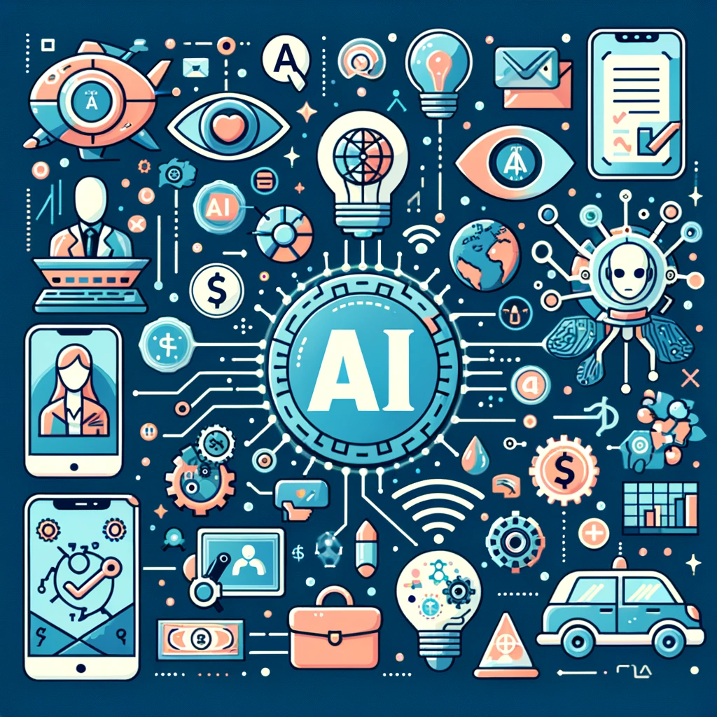 DALL·E 2023-12-24 18.38.44 - Illustration showcasing AI's applications in various fields like healthcare, finance, autonomous driving, and education. The image should depict symbo.png
