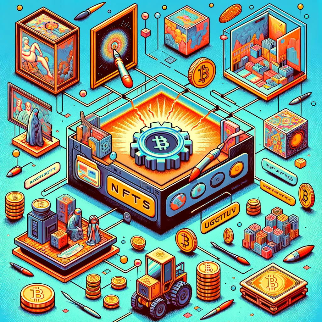 DALL·E 2023-12-24 18.46.34 - Illustration depicting the concept of NFTs, showcasing digital art and collectibles, uniquely encoded on a blockchain, highlighting their uniqueness a.png