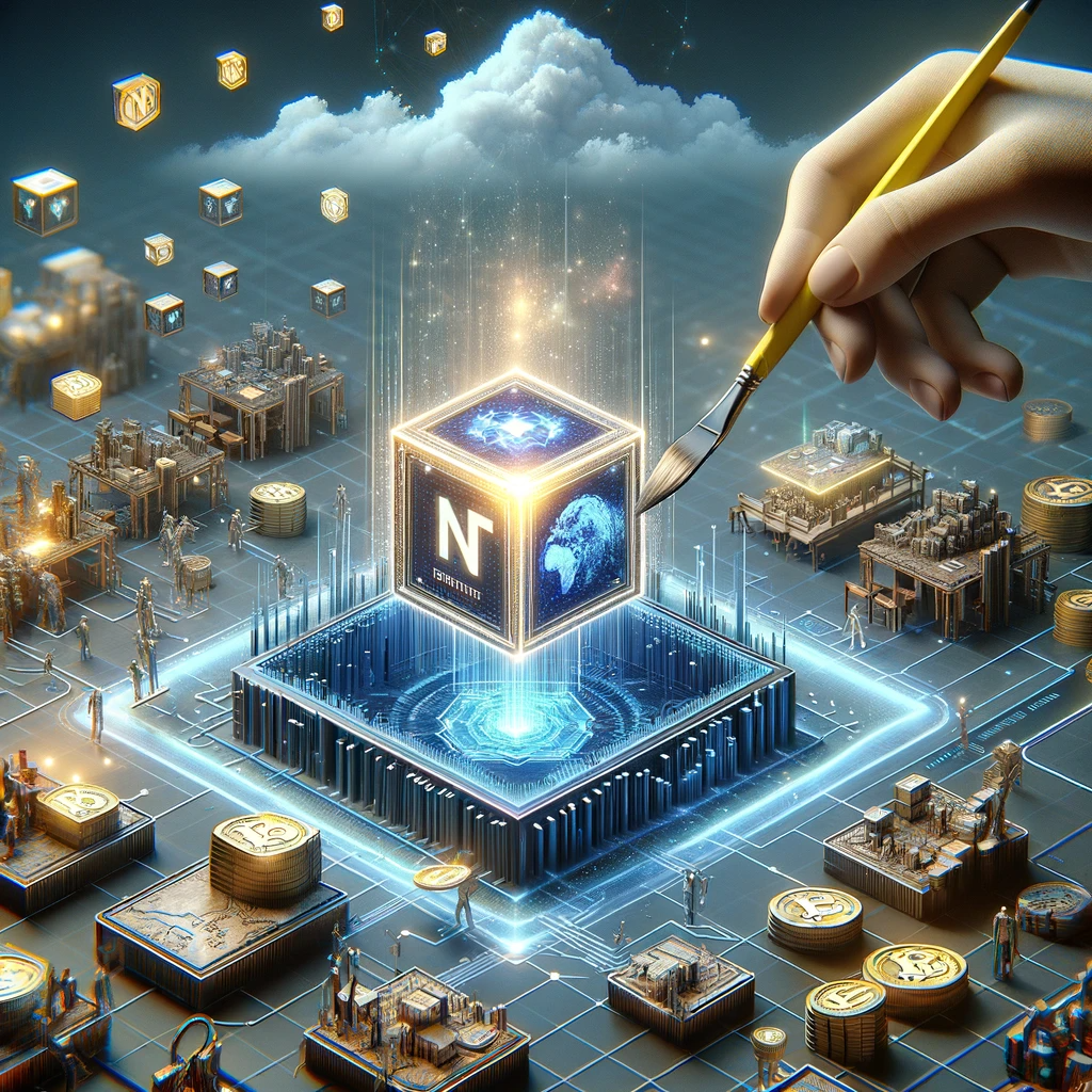 DALL·E 2023-12-24 18.46.36 - Visualization of the NFT creation and trading process, showing a digital artwork being minted into an NFT on the blockchain and then displayed in a vi.png