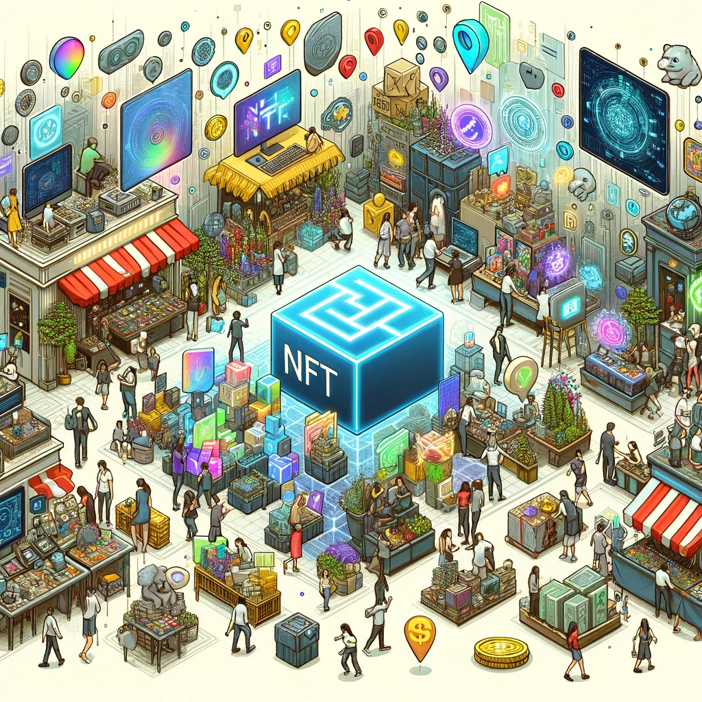 DALL·E 2023-12-24 18.46.38 - Illustration showing the current state of the NFT market, with a bustling digital marketplace scene, various NFT artworks and items being showcased, a.png