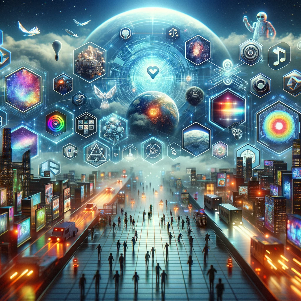 DALL·E 2023-12-24 18.46.40 - Futuristic vision of the NFT ecosystem, illustrating its potential applications in various fields like gaming, music, movies, and digital identity ver.png
