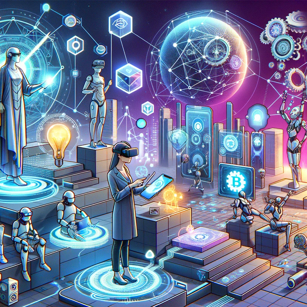 DALL·E 2023-12-24 18.53.34 - Illustration showcasing the technological foundations of the Metaverse, including virtual reality headsets, augmented reality interfaces, blockchain n.png