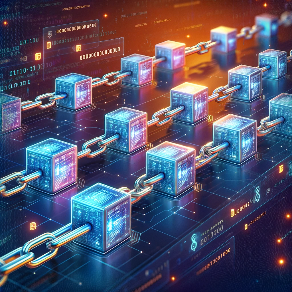 DALL·E 2023-12-24 18.56.09 - Illustration of the concept of blockchain technology, showing a chain of blocks interconnected, each block containing digital data, symbolizing the se.png