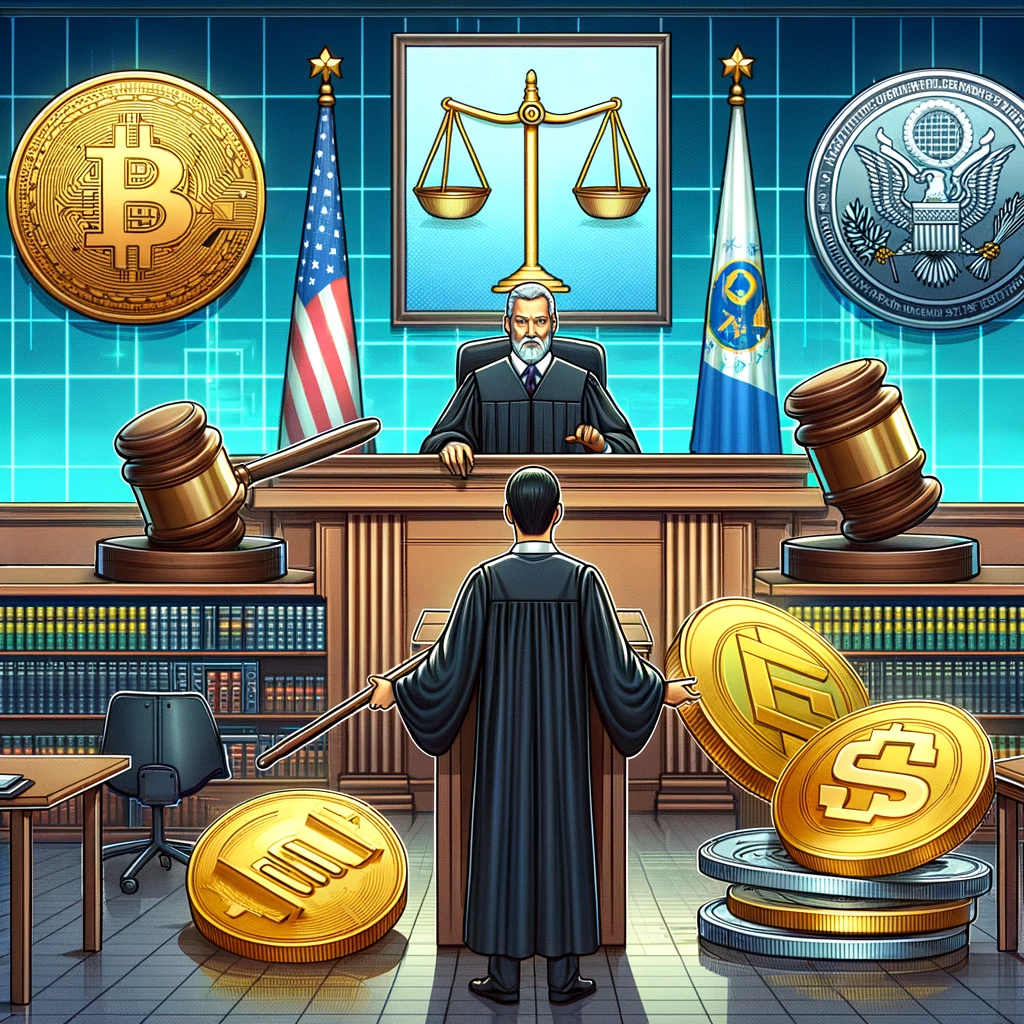 DALL·E 2023-12-29 12.46.57 - A courtroom scene with a judge making a decision on cryptocurrency, representing the SEC's stance against Do Kwon with UST and LUNA being classified a.png
