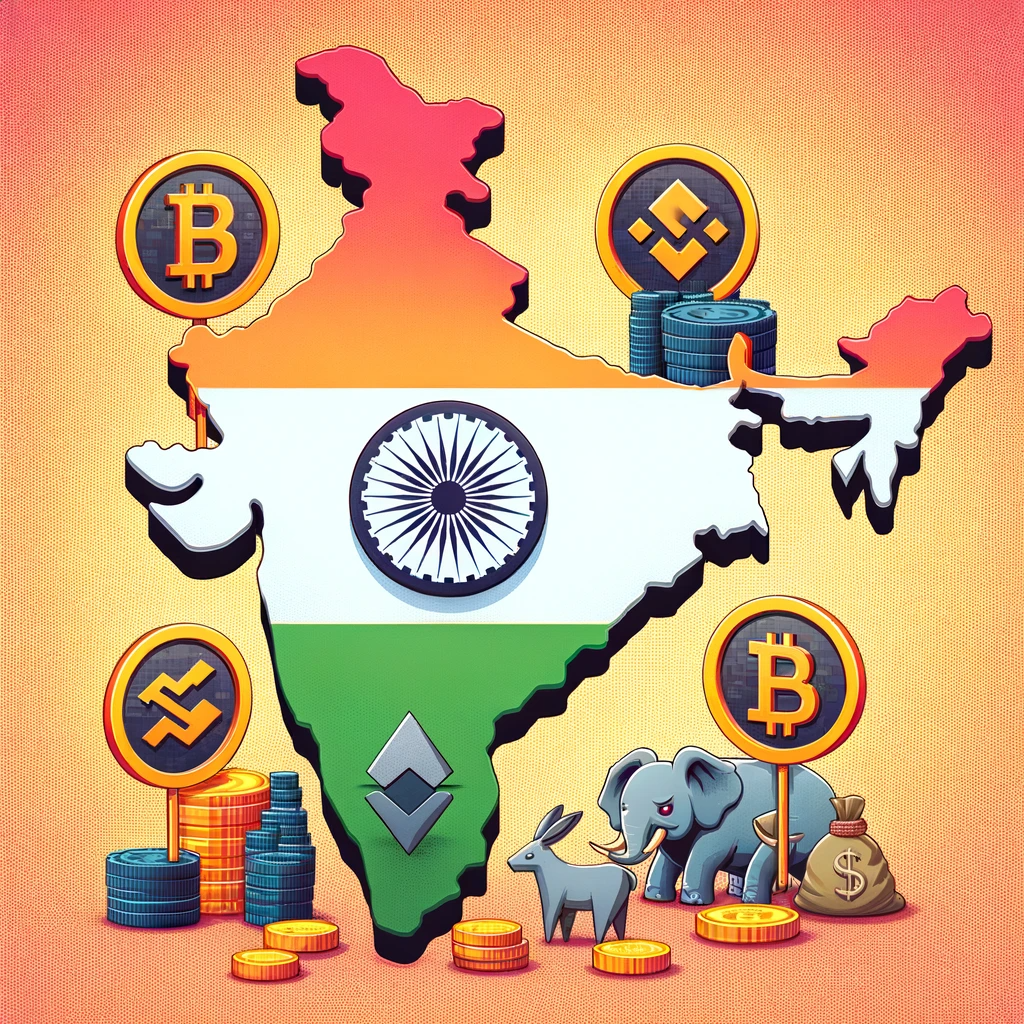 DALL·E 2023-12-29 12.46.59 - A map of India with symbols representing blocked cryptocurrency exchanges like Binance and Kraken, symbolizing India's crackdown on crypto exchanges.png