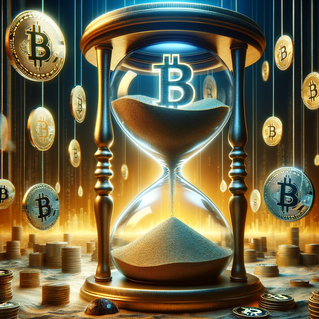 DALL·E 2023-12-29 12.47.01 - A large hourglass with Bitcoin symbols flowing down, representing the expiration of $14 billion in Bitcoin options and its impact on the market.png