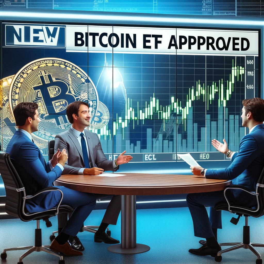 DALL·E 2023-12-29 12.47.03 - News broadcasters discussing Bitcoin ETF approval, with a graph showing market trends, symbolizing Bitcoin traders preparing to sell after the news.png