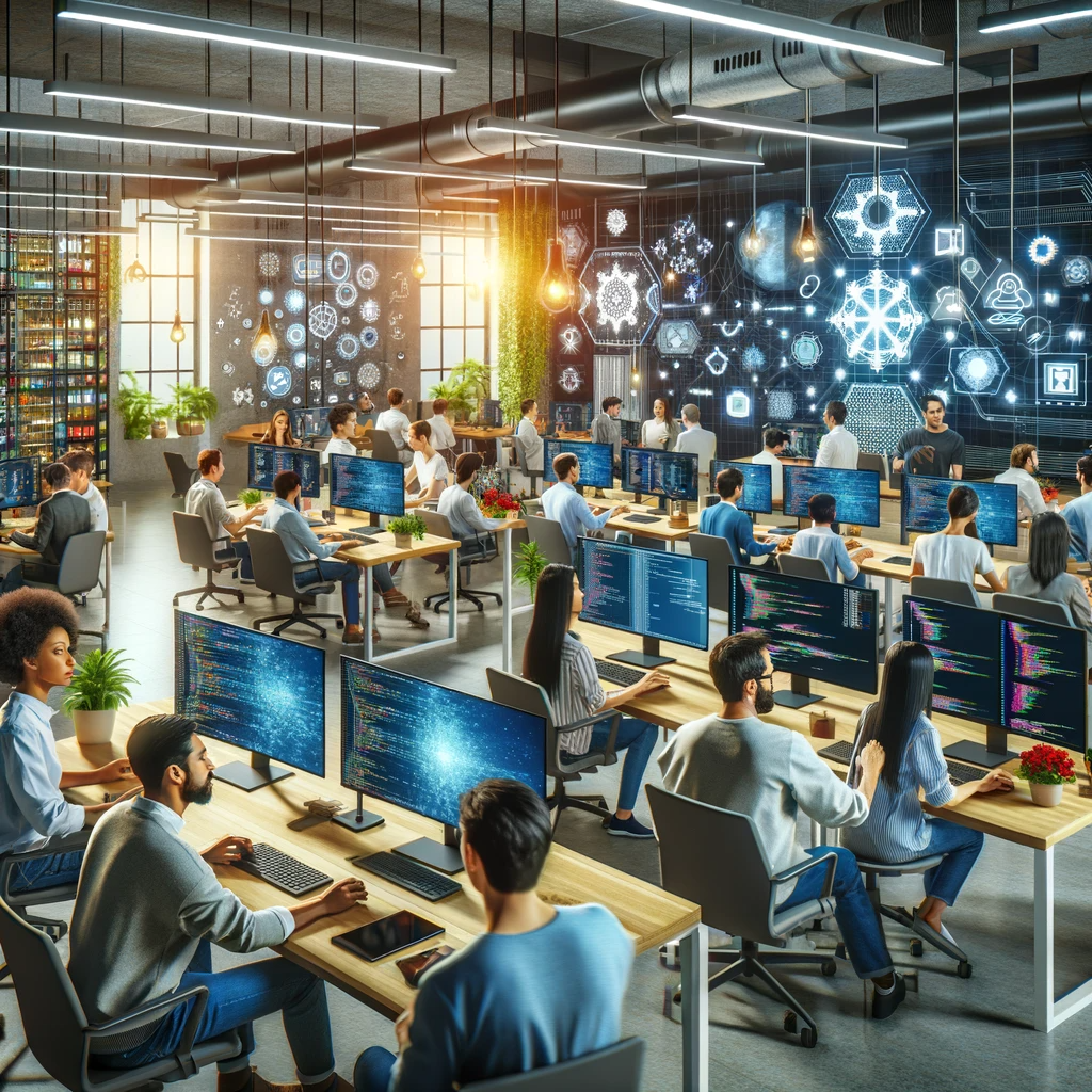 DALL·E 2023-12-30 23.44.36 - A modern blockchain development lab with a vibrant and innovative atmosphere. The lab is filled with diverse developers and researchers, both men and .png