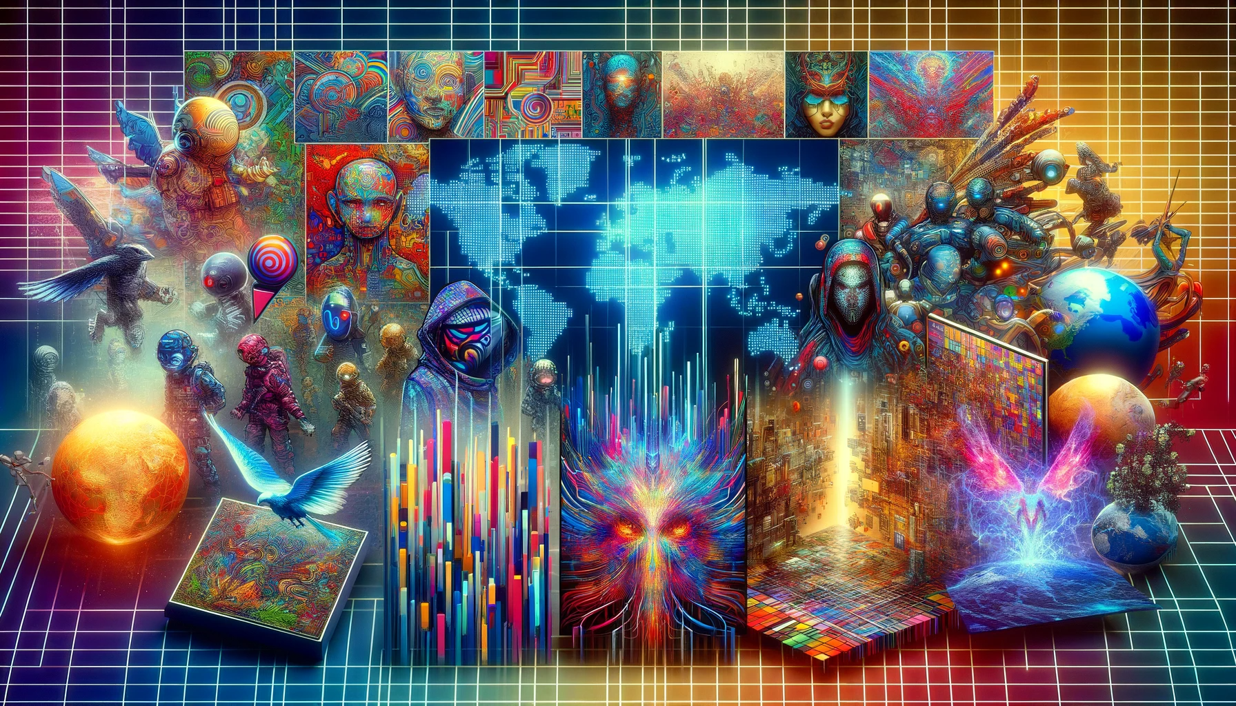 DALL·E 2024-01-01 09.59.22 - A digital collage representing the global trends in NFTs, featuring a variety of NFT artworks from different genres and styles. The image includes a v.png